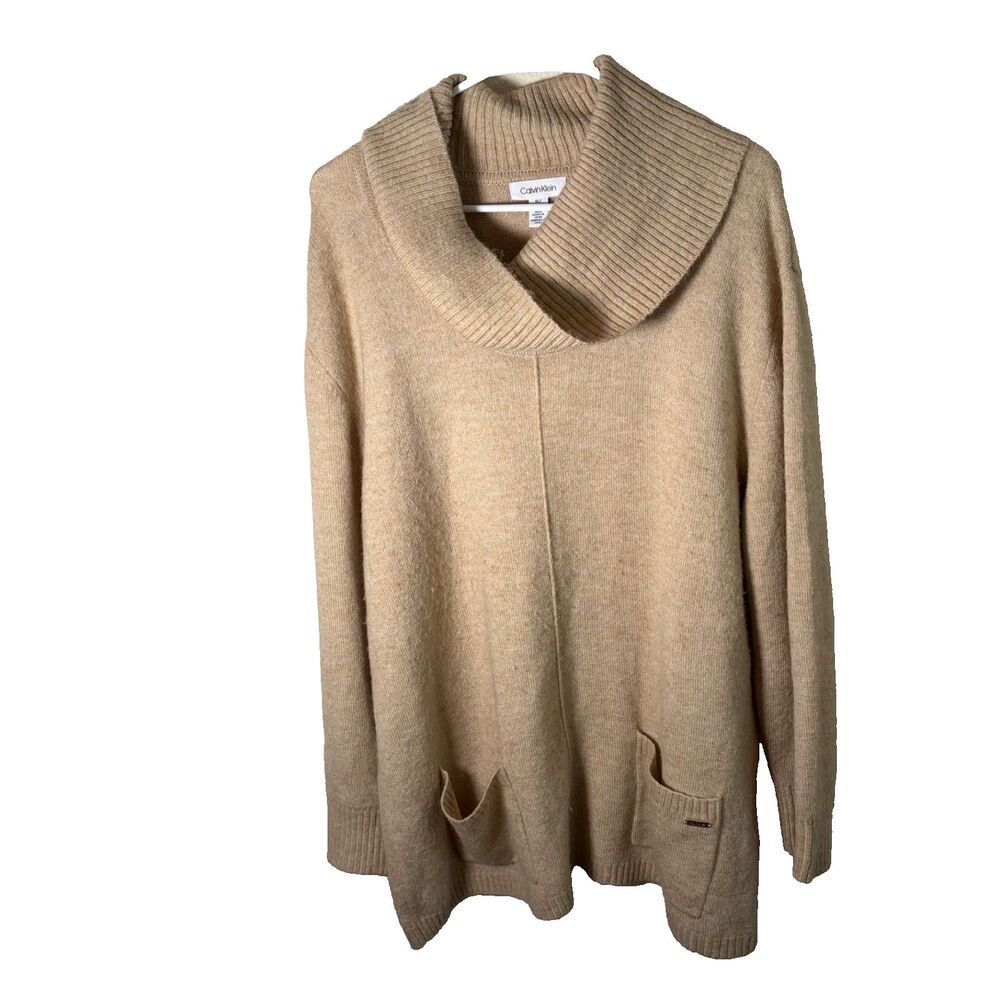 Calvin Klein Sweater Women's XL Beige Cowl Neck Pullover Knit Pockets
